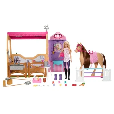 Image of Barbie Toy Stable Playset with Doll, Horse &amp; Accessories, 25+ Pieces 6 Areas of Play, Inspired by Mysteries: The Great Chase, JDN43