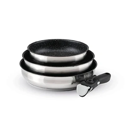 Image of Qulinart 4 Piece Induction Cookware Set of 3 Non Stick Frying Pans 20, 24 and 26 cm with Removable Handle Stainless Steel All Heat PFOA Free Silver/Black