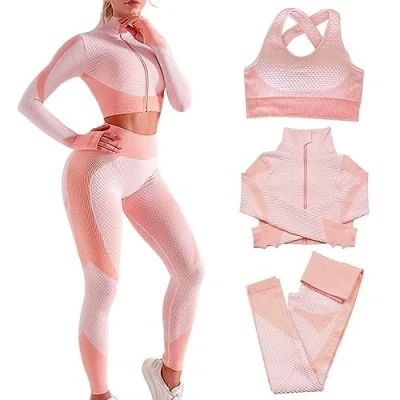 Image of Veriliss Women&#039;s 3pcs Gym Tracksuit Sweatsuit Activewear Sets 2024 Sport Yoga Fitness Clothing Ladies Workout Outfit Sportsuits for Running Jogging (Pink, S)