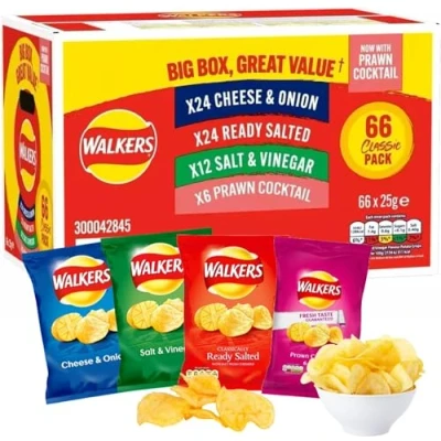 Image of Giant Crisps Multipack Snack Box Pack of 66 x 25g Assorted Classic Walkers Bulk Buy Potato Snacks with Handcrafted One Random Birthday card envelop