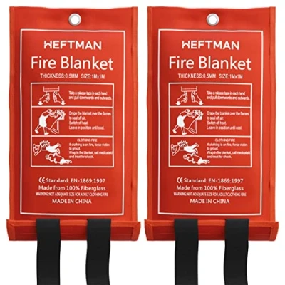 Image of HEFTMAN Fire Blankets 2 Pack Large Fiberglass Blanket in Red Case with Flame Retardant Cotton Handles, for Caravan, Kitchen, Home &amp; Office Emergencies 1 m x (Pack of 2)