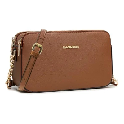 Image of DAVID JONES Women&#039;s Small Shoulder Bag Mobile Phone Pouch Hard PU Leather Chain 3 Compartments Pockets Trendy Evening Shopping City, Brown Cognac, One Size