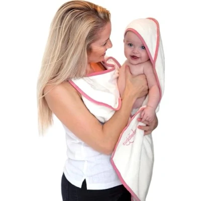Image of Cuddledry Hands Free Baby Bath Towel Luxuriously Soft Bamboo &amp; Cotton Hooded Apron for Safe Babies Bathtime Perfect Newborn Gift Pink Edging