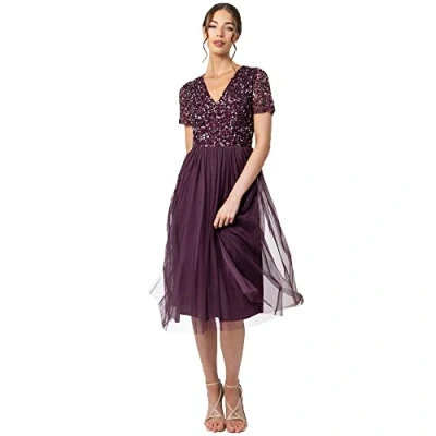 Image of Maya Deluxe Women&#039;s Embellished Midi Evening Dress Ladies V Neckline with Short Sleeve for Prom Wedding Bridesmaid, Berry, 10