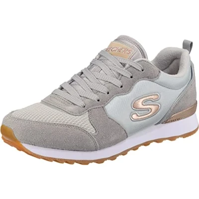 Image of Skechers Women&#039;s Og 85 Gold&#039;n Gurl Trainers, Light Gray Suede Nylon Mesh Rose Gold Trim, 5.5 UK