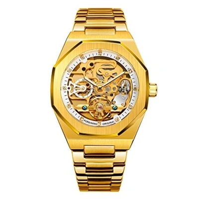 Image of BOLYTE Tourbillon Design Men&#039;s Analog Automatic Stainless Steel Wrist Watch Mechanical Skeleton Male Clock (Gold White)