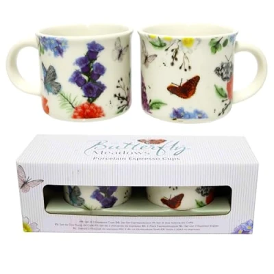 Image of Puckator Set of Two Porcelain Coffee Cups with Butterfly Theme, Animals Original English Design Meadows Espresso Cup