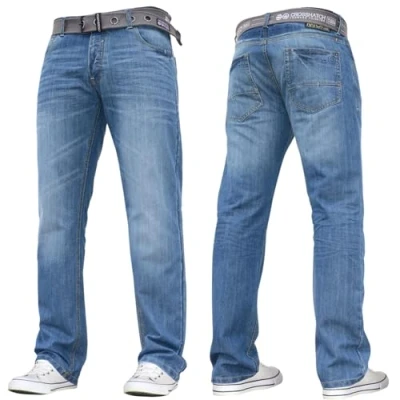 Image of Crosshatch Mens Stretch Straight Leg Jeans Trousers Free Belt Stylish Fashion Branded Denim by JEANBASE Mid Wash 32W X 32L