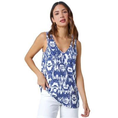 Image of Roman Womens Abstract Print V Neck Stretch Jersey Cami Top Blue Size 20 UK