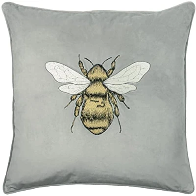 Image of Paoletti Hortus Embroidered Bee Piped Velvet Feather Filled Cushion Silver One Size