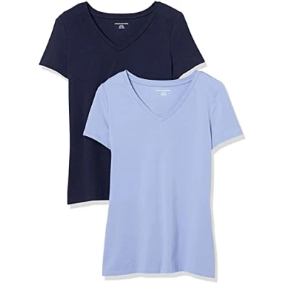 Image of Amazon Essentials Women&#039;s Classic Fit Short Sleeve V Neck T Shirt, Pack of 2, Purple/Navy, XXL