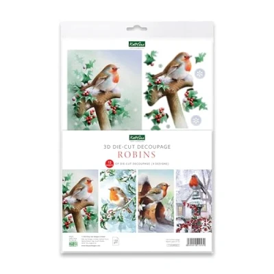 Image of Katy Sue Robins 3D Die Cut Decoupage Pack. 12 Pre Festive Paper Sheets for Christmas Card Making Supplies Featuring 4 Different Robin Designs