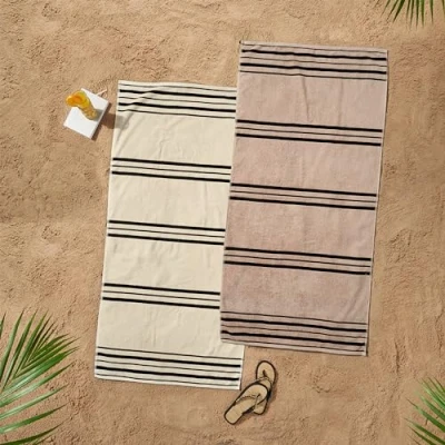 Image of Catherine Lansfield Banded Stripe Cotton 75x150cm Beach Towel Pair Cream/Natural