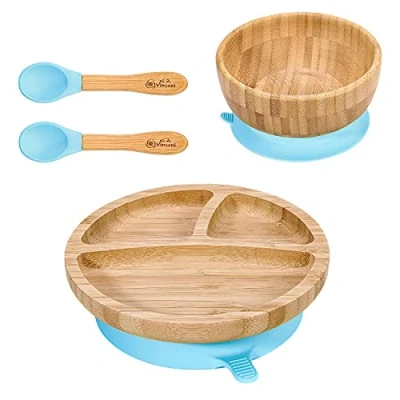 Image of Vinsani Bamboo Bowl, Round Plate and Spoon Set for Baby/Toddler, Suction Plate, Stay Put Design, Hypoallergenic BPA Free (Blue)