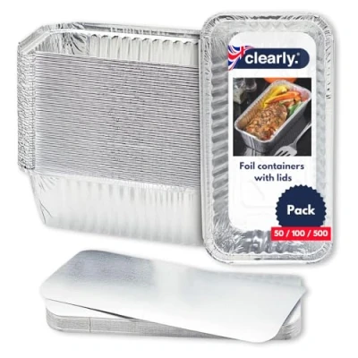Image of Clearly Set 500 Large Foil Trays with Lids, Aluminium Disposable Reusable Food Container, Takeaway Containers, Great for Baking, Cooking, Freezing, Heating, Storing, BBQ (20.x11.2x5.6cm)