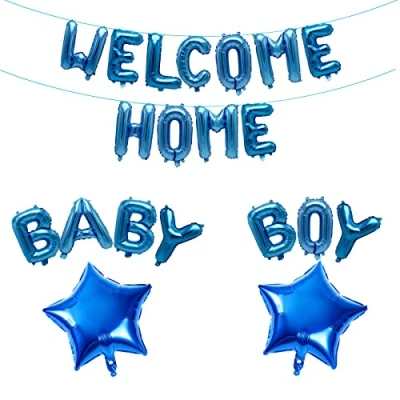 Image of Fechy Welcome Home Baby Boy Letter Balloon Banner with Star Foil Balloons for Newborn Shower Family Party Decorations(Blue)