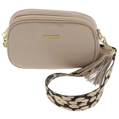 Image of Equilibrium Cross Body Shoulder Bag with Two Zips and Fun Animal Print Strap Design Tassel Black, Cream or Navy Gold Hardware (Cream)