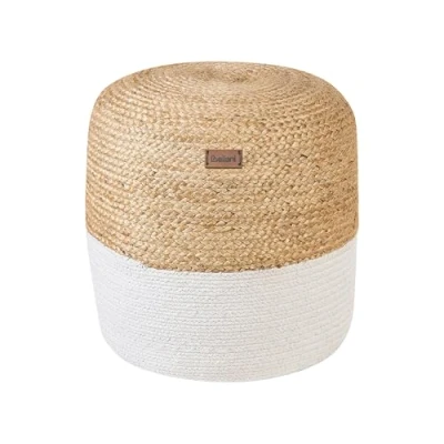 Image of Beliani Boho Knitted Round Pouffe Ottoman Jute Cotton 46 x 48 cm White Dalama