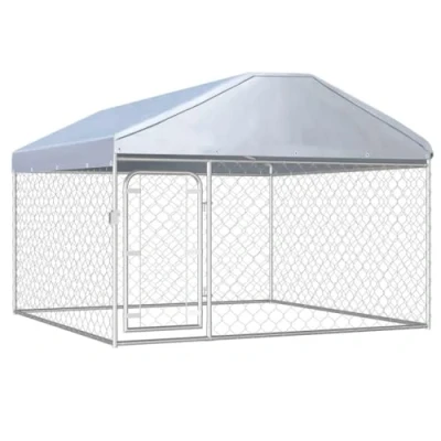 Image of vidaXL Outdoor Dog Kennel with Roof Lockable Latch System Chain link Mesh Sidewalls Pet Puppy Cage House Animal Shelter Silver Galvanized Steel
