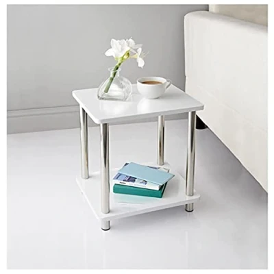 Image of MND Dealings New Unique Stylish Norsk White High Gloss Stainless Steel Legs Small End Table, Snack Side Table for Sofa Couch and Bed Living Room Bedroom Tables Coffee
