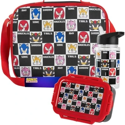 Image of Get Trend Sonic The Hedgehog Water Bottle Lunch Bag Box Kids Set 3 Pcs School Supplies Knuckles Shadow Bento Snack BPA Free Leakproof Travel (Red Sonic)