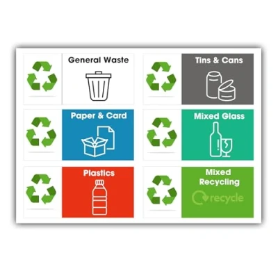 Image of Addis Mixed Pack of 6 Multi Recycling Waste Bin Stickers, A4 Self Adhesive Labels for Bins Food Plastics Paper Card Glass &amp; General Each Label 14 x 6.5cm