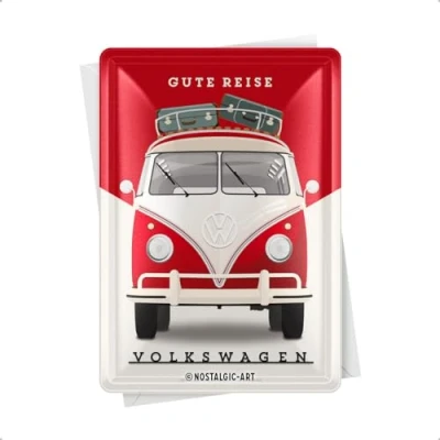 Image of Nostalgic Art metal postcard, with Volkswagen VW Bulli motif and text in German, 10 x 14 cm, item model number: 10301