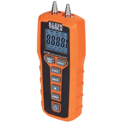 Image of Klein Tools ET180 Digital Manometer, Air and Gas Pressure Tester, Differential Dual Port Gauge, Large LCD Display with Backlight ,Orange/Black
