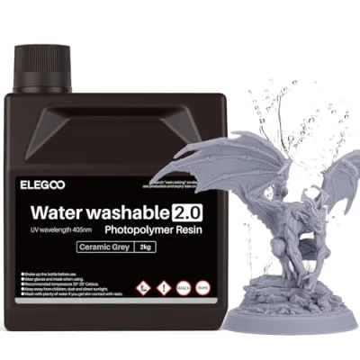 Image of ELEGOO Upgraded Water Washable 3D Printer Resin 2.0, 405nm UV Curing with Lower Shrinkage and Higher Precision for LCD Printing Grey 2KG