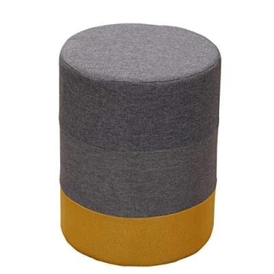 Image of Rebecca Mobili Round Pouf Stool Upholstered Wood Fabric Yellow Gray Modern Style Living Room 45 x 35 cm (H W D) Art. RE6292