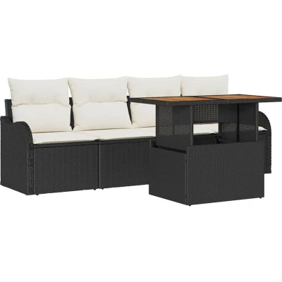 Image of vidaXL 5 Piece Garden Sofa Set with Cushions Black Poly Rattan Acacia