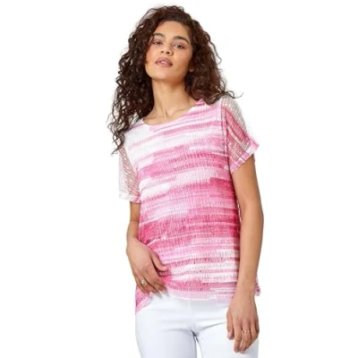 Image of Roman Originals Mesh Overlay Floral Print Blouse for Women UK Ladies Smart Top Casual T Shirt Summer Spring Flower Printed Layer Stretch Jersey Comfy Tee Pale Pink Size 12