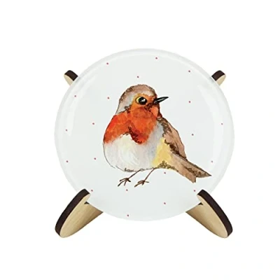 Image of Robins Glass Coaster Set Round Painted British Birds by Rhiannon Chauncey of Four (4) Coasters &amp; Wood Effect Stand