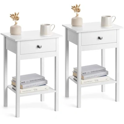 Image of CHRISTOW Pair of White Bedside Table With Shelf &amp; Drawer Bedroom Nightstand 60cm x 40cm 30cm