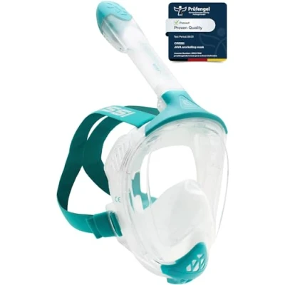Image of CRESSI Java Full Face Mask Clear/Aquamarine S/M Unisex Snorkel Mask, Ultra Clear Anti Fog Lens, 100% Silicone, Dry with Safety Valves, Transparent/Aquamarine,