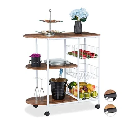 Image of Relaxdays Kitchen Trolley, 3 Levels and Baskets, H x W D approx. 84 83 37 cm, Metal &amp; MDF, White/Brown