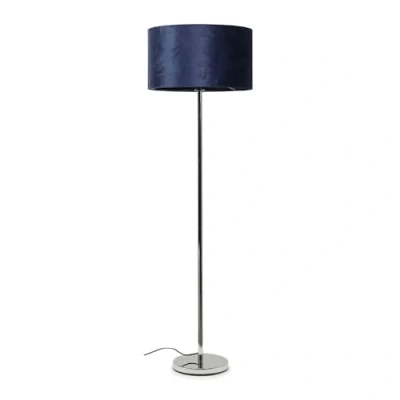Image of Modern Standard Floor Lamp in a Silver Chrome Metal Finish with Navy Blue Velvet Drum Shade