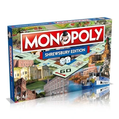 Image of Winning Moves Shrewsbury Town Monopoly Board Game, Advance to Concord College, Castle and Theatre Severn trade your way success, 26 players makes a great gift for ages 8 plus