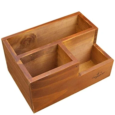 Image of Coideal Wooden Remote Control Holder, Wood TV Caddy Desk Tidy Organiser, 3 Compartments Desktop Storage for Bedside Table