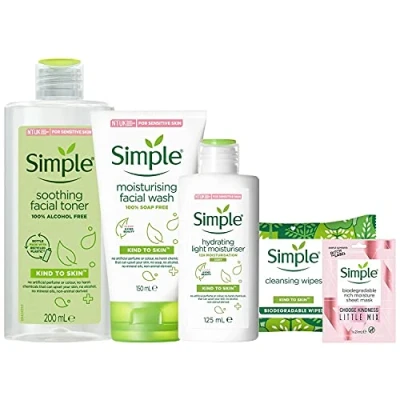Image of Simple Skin Care Essentials Bundle, Set includes Facial Toner 200ml, Moisturising Face Wash 150ml, Hydrating Light Moisturiser for Sensit 125ml, 20pc Biodegradable wipes &amp; Rich Moisture Sheet Mask 1PC