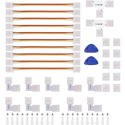 Image of 3pin LED Strip Connector, kit Includes 10mm Angle Connector for WS2811 WS2812 Controller, Cordless and T Patch Cord