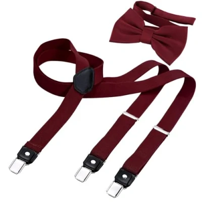 Image of DonDon Men’s 1.0&quot; wide Y style elastic and adjustable suspenders braces as a 2 piece set with matching colour bow tie 4.72 x 2.36 Dark red