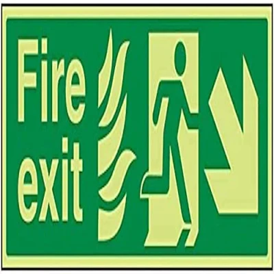 Image of VSafety Glow In The Dark NHS Fire Exit Arrow Down Right Sign 450mm x 150mm Rigid Plastic