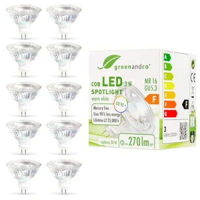 Image of greenandco® CRI 90+ MR16 GU5.3 LED Spot 3W Replaces 30W 270lm 2700K (Warm White) 38 Beam Angle 12V AC/DC Glass Body with Protective Glass, 10 Pack