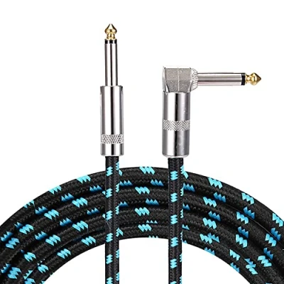 Image of Professional Guitar Lead 3ft 6.35mm 1/4&quot; Braided Noiseless 1 Meter Amp L Shaped 90 Degrees Jack Straight to Right Angle Instrument Cord for Electric Guitar, Bass, Amp, Keyboard