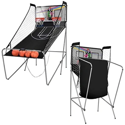 Image of Maxmass Double Basketball Arcade Game, Folding Hoop Game with 8 Options, 4 Balls, 2 Rims, Scoring Display, Electronic Shooting Machine for Indoor Outdoor (Silver + Black)