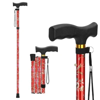Image of supregear Walking Stick Adjustable Height Folding Sticks, Flexible Lightweight Travel Cane, Collapsible Balancing Mobility Aid for Men Women, Floral Red