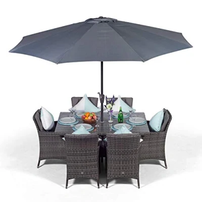Image of Savannah Rattan Dining Set Rectangle 6 Seater Outdoor Poly Garden Table &amp; Chairs Patio Conservatory Wicker Furniture with Parasol Cover (Grey)
