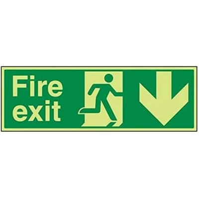 Image of V Safety Glow In The Dark Fire Exit Arrow Down Sign 600mm x 200mm Self Adhesive Vinyl