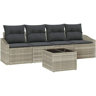 Image of vidaXL 5 Piece Garden Dining Set with Cushions Light Grey Poly Rattan